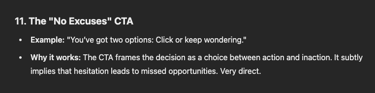 ChatGPT CTA example called "No excuses"